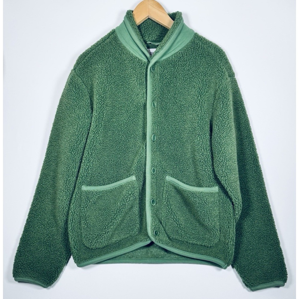 BHODE Fleece Work Jacket Mens Small Sage Green Teddy Patch Pockets Shawl Collar